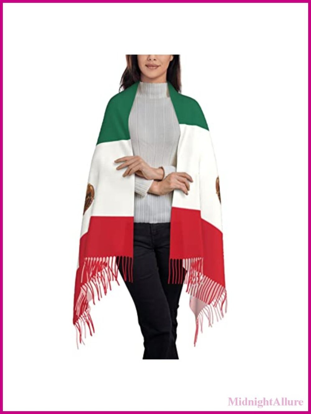Mexican Flag Pattern Pashmina Wrap Scarf with Tassels Soft Polyester Shawl